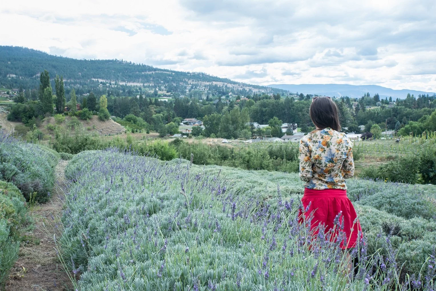 girl in red skirt in lavender field travelling Kelowna on a budget
